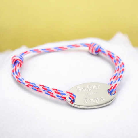 Blue, white and red cord bracelet "Super Papa" engraved oval medallion