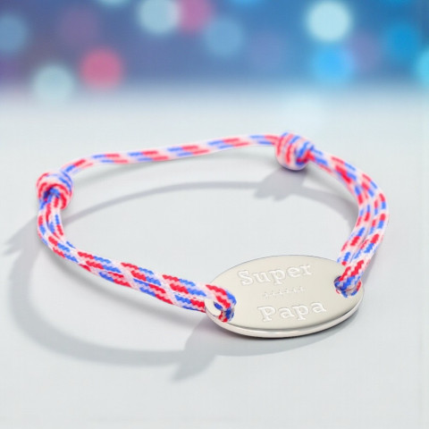 Blue, white and red cord bracelet "Super Papa" engraved oval medallion