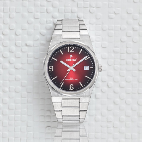 Ruckfield silver watch with red dial