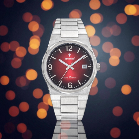 Ruckfield silver watch with red dial