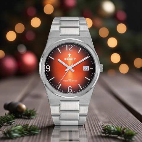Ruckfield watch with grey bracelet and orange dial
