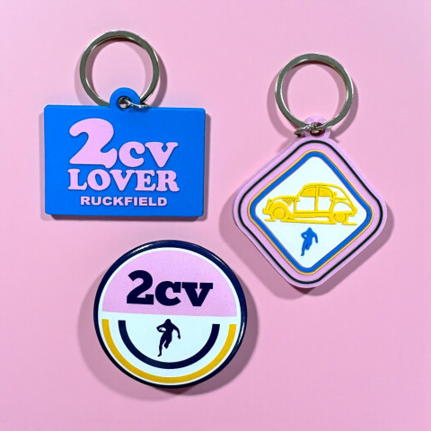 Set of Ruckfield x 2CV key rings and badges