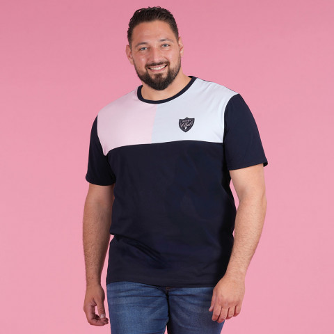 Navy blue color block T-shirt, pink and sky blue yoke