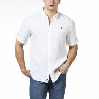 Chemise manches courtes en lin blanc avec broderie poitrine.