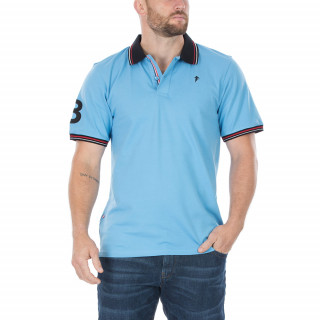 Polo manches courtes en coton piqué bleu avec broderie Sébastien Chabal et N°8 sur la manche. Disponible du S au 5XL