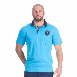 Polo manches courtes en coton jersey bleu turquoise avec broderies poitrine, dos et revers de col We are rugby