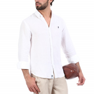 Chemise manches longues en lin Blanc avec logo brodé à la poitrine.